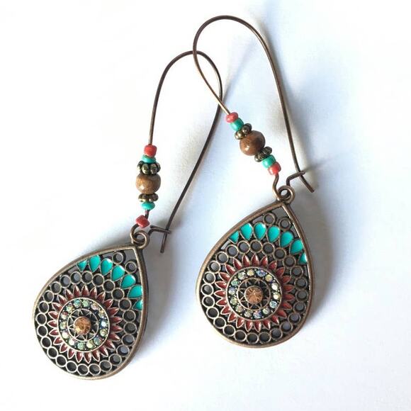 Boho brass tone colorful medallion earrings - Picture 1 of 6